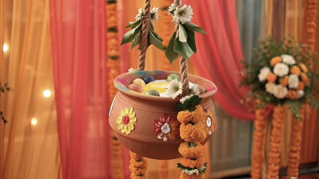 Decorated Dahi Handi pot filled with milk and small sweets, adorned with marigold garlands and colorful flowers, suspended by rope against vibrant orange and yellow fabric during festive celebration K