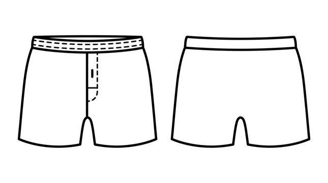 Line art illustration of mens boxer shorts showing front and back views.