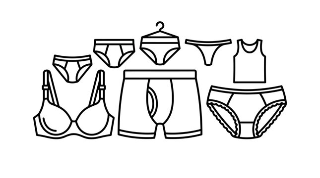 A collection of various underwear and lingerie items in a simple line art style.