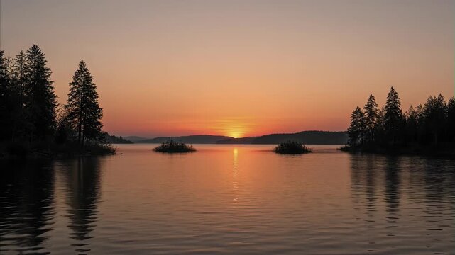 Vibrant orange sky over tranquil lake at sunset, forest edge on both banks, small islands dotting water surface, sun reflection creating golden path Midsommar Scandinavia June 23