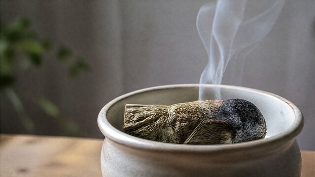 mugwort. A small bundle of dried mugwort smoldering in a ceramic pot, herbal smoke. gardening catalogs, home-decor guides, designed for gardening and botanical catalogs, used by bi analysts.