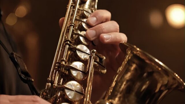 Close-up of musician hands playing golden saxophone, focused on instrument keys during live music performance, creating vibrant jazz sound Montreal Jazz Festival Canada