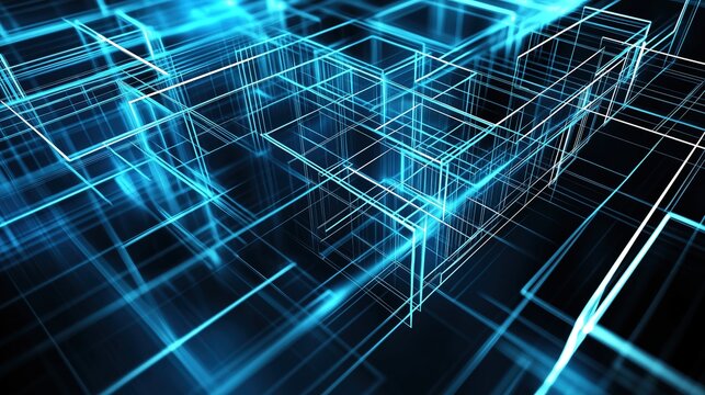 Futuristic tech abstract art, glowing blue and white lines form complex cuboid structure network, dark blue gradient black background, overlapping cross lines creating depth and motion, digital city a
