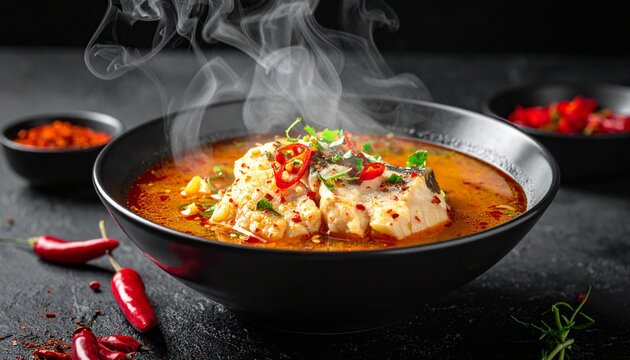 Hot spicy fish soup, steaming bowl of traditional asam pedas southeast asian fish broth with hot red chilies.