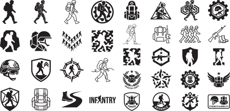 Military soldier silhouette badges set, black and white tactical army commando emblems and vector logos