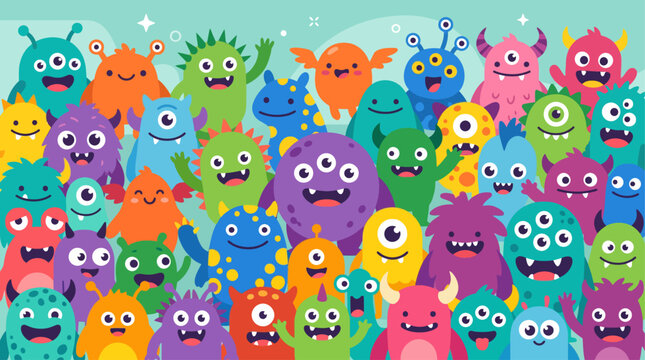 Colorful cartoon monsters with various expressions.