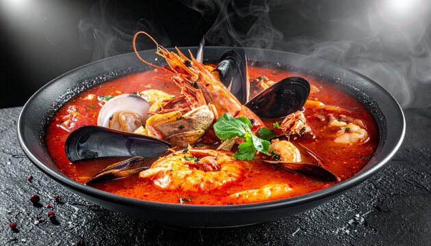 Hot seafood soup. Rich authentic Latin American sopa de mariscos filled with fresh shrimp and mussels cooking.
