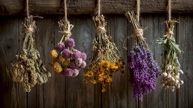Dried Medicinal Herbs Hanging in Rustic Country Kitchen