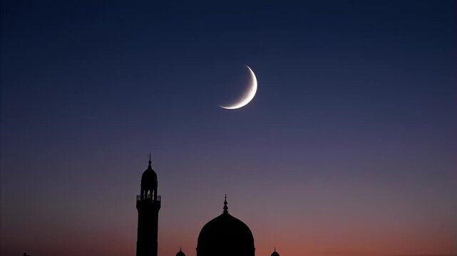 Crescent moon illuminating twilight sky over silhouette of mosque dome and minaret at sunset, symbolizing beginning of Islamic month, spirituality, and religious observance.