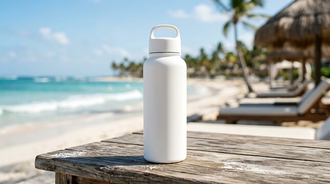 White reusable water bottle mockup sitting on wooden table at tropical beach resort for hydration or travel branding showcase