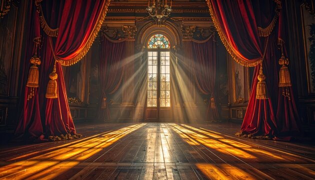 Luxurious interior with heavy velvet drapes and gold fringe framing an arched window with dramatic sunbeams flooding the grand hall.