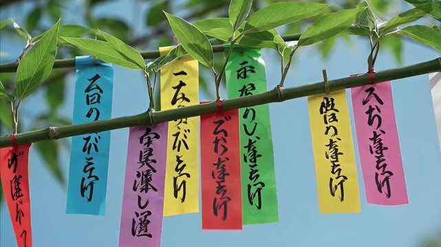 Colorful paper strips, known as tanzaku, adorn fresh green bamboo branches, carrying handwritten wishes for a festive celebration of the star festival Tanabata Festival Japan