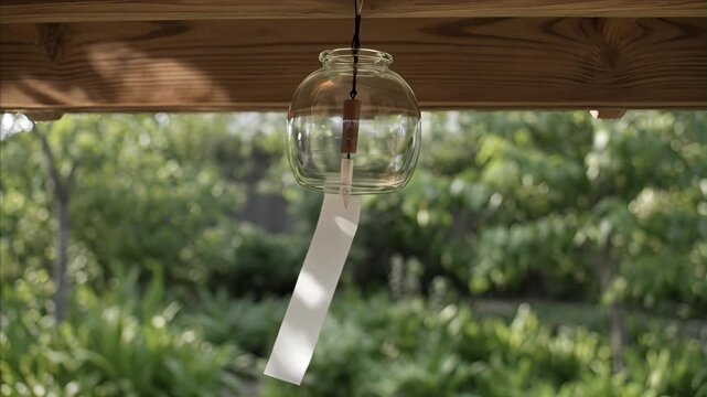 Glass wind chime hanging from wooden beam against lush green foliage backdrop outdoor garden view with soft natural light peaceful summer atmosphere traditional Japanese cultural item Tanabata Festiva