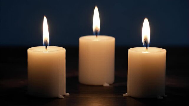 Three lit pillar candles radiating warm glow on dark background, symbolizing spiritual light and devotion, The Feast of the Holy Trinity Pentecost
