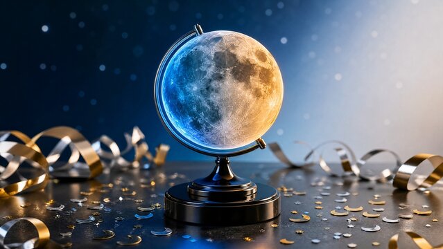 starlight. Lunar globe centerpiece with crescent confetti and ribbon curls. gardening catalogs, home-decor guides, designed for home decor and floral branding, used by SEO specialists.