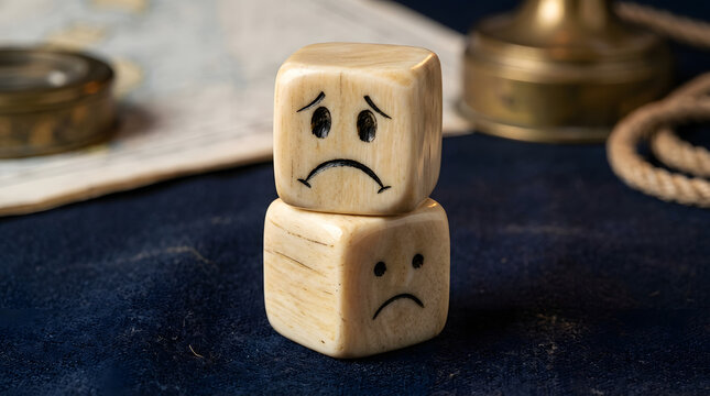 Two carved bone dice with sad faces stacked during a nautical setting representing disappointment or bad luck