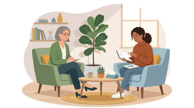 Vector illustration of a mental health therapy session with a female counselor taking notes while a young woman reads from her personal journal in a room.