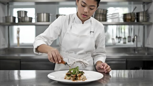 Young Asian chef carefully plating gourmet scallops dish with sauce and garnish in professional kitchen setting showcasing culinary skill July 15 is World Youth Skills Day