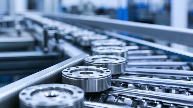 A close up view of heavy duty industrial conveyor hinery and metal structures in a manufacturing environment