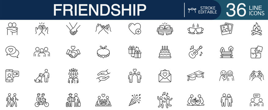 Friendship and social relationship editable stroke line vector icon set featuring human connection, togetherness, and community support concepts.