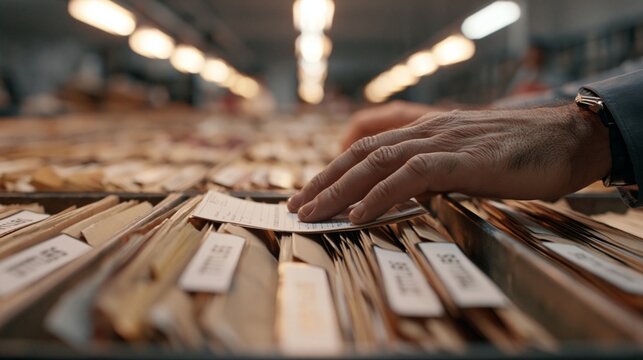 Focused medium shot of law clerks hands placing labeled folders filled with corrected titles into organized trays under soft fluorescent lighting in a municipal archives
