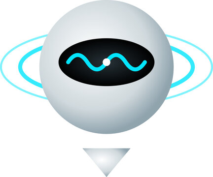 Minimalist skeuomorphic floating drone robot head with glowing blue rings and digital interface design element