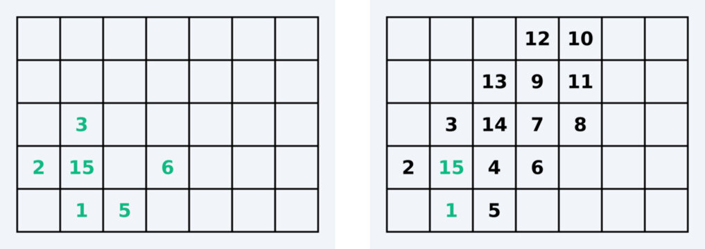 Hidato puzzle series with numbered grids and complete solution paths. Clean vector logic game for brain training, printables, and activity books