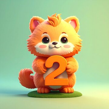 Cute Fluffy Cartoon Fox Holding Number Two on Soft Green Background