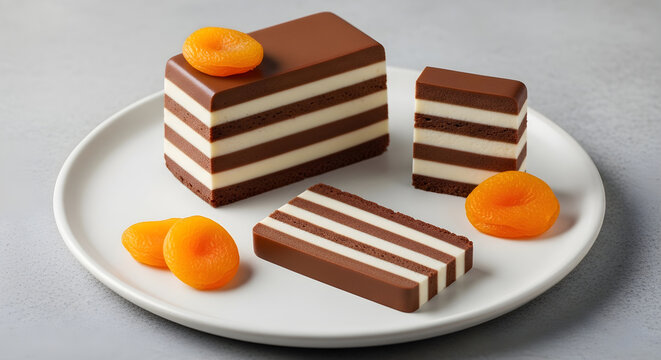 Delicious chocolate layered cake slices arranged neatly on a white ceramic plate with bright orange dried apricots for a gourmet dessert presentation captured with soft lighting and professional studi