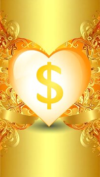 Glowing Golden Heart with Dollar Symbol on Ornate Floral Background