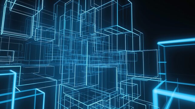 Futuristic tech abstract art, glowing blue and white lines form complex cuboid structure network, dark blue gradient black background, overlapping cross lines creating depth and motion, digital city a