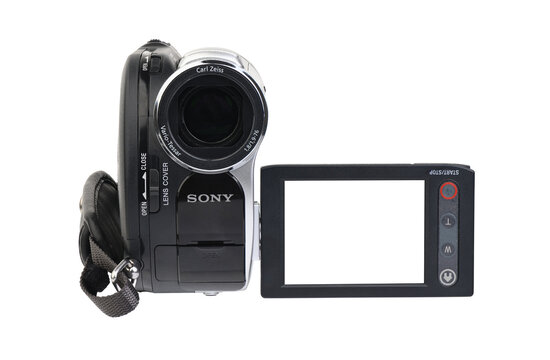 Sony Handycam DVD camcorder with 40x optical zoom isolated on white background.