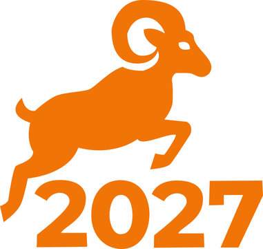 Orange ram or argali silhouette jumping over 2027 typography vector icon, dynamic business motion logo design, energy power concept