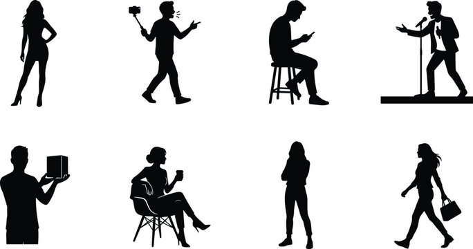 Black silhouettes of diverse people in daily life activities including walking, public speaking, drinking coffee, and using smartphones