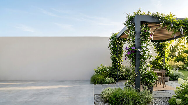 Contemporary backyard terrace with flowering vines on a pergola