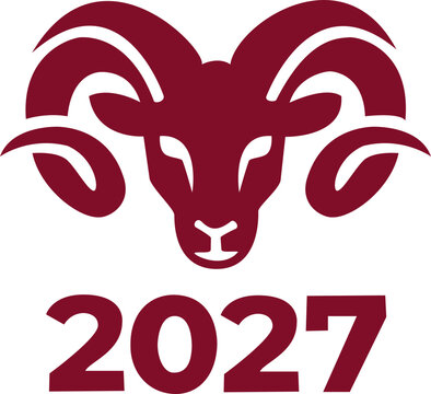 Burgundy red symmetrical ram head icon with big spiraled horns and 2027 text vector logo, masculinity power business brand concept