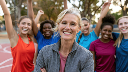 Fototapeta premium Smiling diverse group of women celebrating outdoors with an older woman in front, showcasing empowerment and happiness in a casual sports setting.