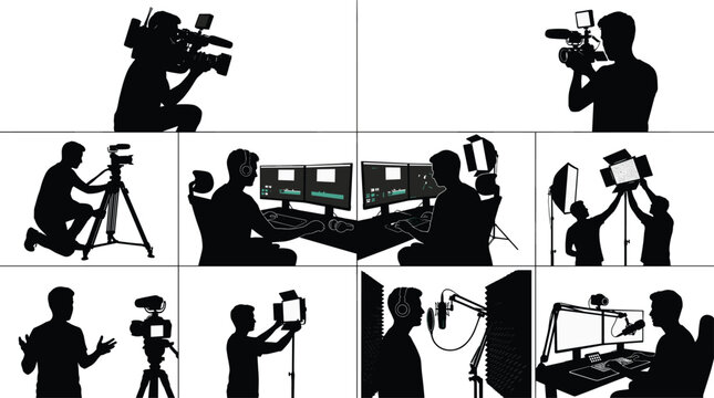 Set of professional media production silhouettes including cameramen video editors lighting technicians podcasters and audio engineers working