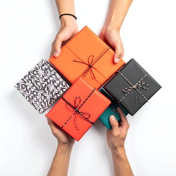 Multiple Colorful Gift Boxes Held by Hands on White Background