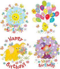 Obraz premium Happy birthday cards with a little witch, a small yellow chick, a baby elephant and a smiling sun, a set of vector cartoon illustrations isolated on a white background