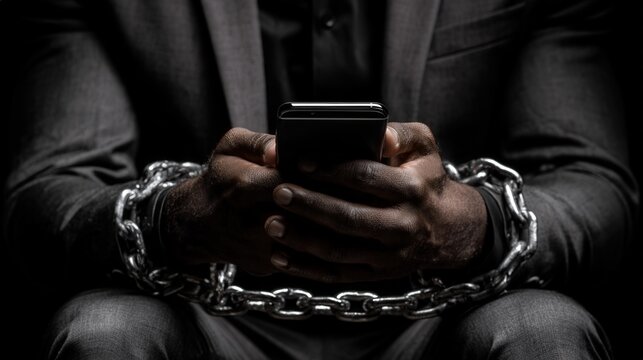 Dark hands clutch a phone, chains bind them tightly