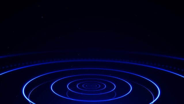 Blue neon concentric rings on a dark digital technology background, glowing portal interface with deep perspective, cyber energy, and sci tech mood.