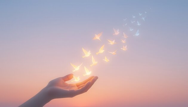 Mindset shift concept. Hand releasing glowing origami birds into a pastel sky at sunset.