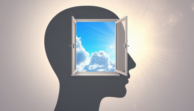 Mindset shift concept. Silhouette of a human head with an open window showing blue sky and clouds.