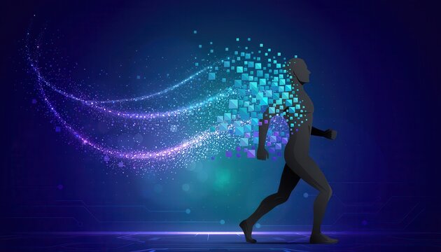 Mindset shift concept. Digital human figure running with pixelated particles trailing behind on blue background