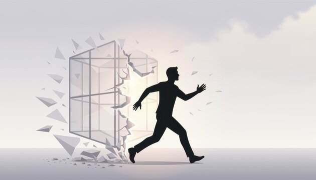 Mindset shift concept. Man running out of shattered glass door representing breakthrough or escape