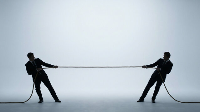 Dramatic Silhouette of Two Businessmen Pulling Rope in Tug of War Toward Challenge and Determination Perfect for Corporate Strategy Advertising Business Presentation and Competition Background