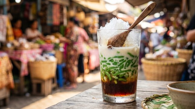 Refreshing Asian iced dessert at a bustling traditional market.