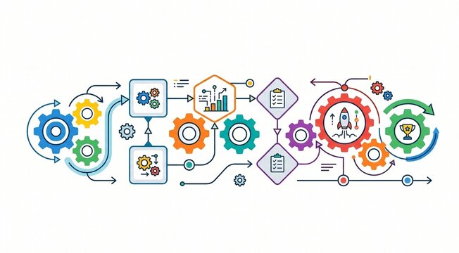 Clean flat vector concept of an abstract business workflow with geometric gear systems and process timelines on a white background