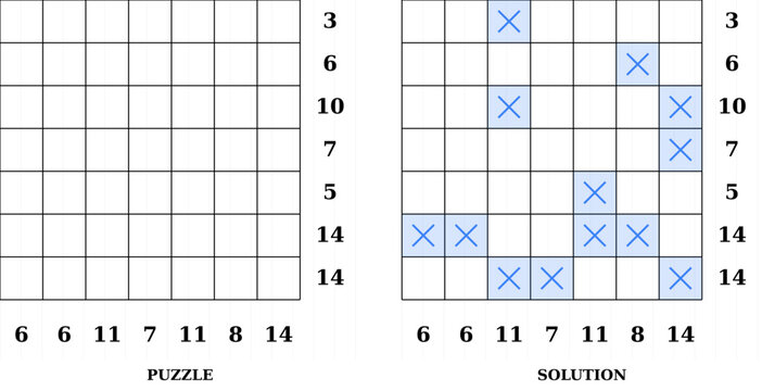 Kakurasu logic puzzle series with numbered grids and filled solutions. Clean vector illustration for brain teasers, printable worksheets, and educational activity books